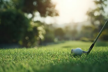 Golf Club Resting on Green Grass with Sunlit Trees in Background on Sunny Day