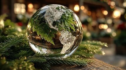 Clear glass globe reflecting greenery and part of the globe's landmasses.