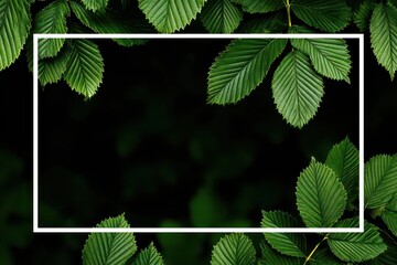 Green Leaves Bordering Dark Background With White Rectangle Frame For Text Placeholder