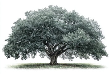 Majestic Green Leafy Tree Standing Tall on White Background in Open Field