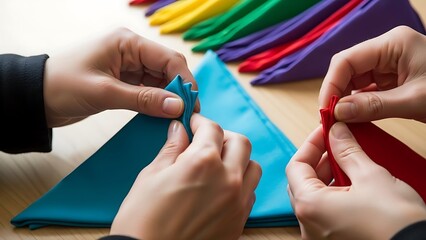 Hands elegantly folding vibrant colored fabric napkins on a light wooden table