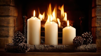 Three Lit White Candles with Pine Cones in Front of Fireplace at Home