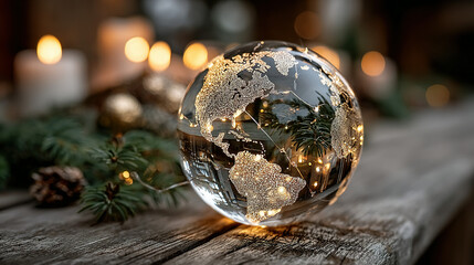 Glittering glass globe with illuminated continents on a rustic surface.