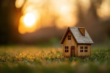 Miniature Wooden House on Green Grass with Golden Sunset Glow