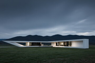 Modern White House Exterior With Overhanging Roof Amidst Grassy Field And Distant Mountain Under A Cloudy Sky In Late Afternoon