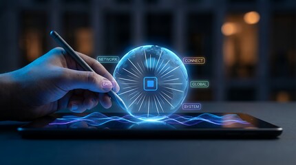 A hand holding a stylus interacts with a glowing holographic digital globe displaying network data connect global and system labels Technology Hologram Future Innovation Cyber Communication