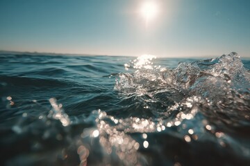 Ocean Water Surface with Sparkling Sunlight and Horizon Sky Close Up View Sea Waves Motion Nature Outdoors Travel Underneath Water Photography