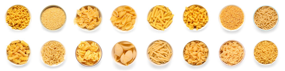 Set of different pasta types on white background, top view