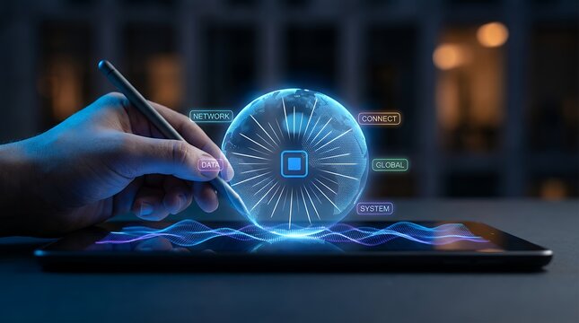 A hand holding a stylus interacts with a glowing holographic digital globe displaying network data connect global and system labels Technology Hologram Future Innovation Cyber Communication - Powered by Adobe