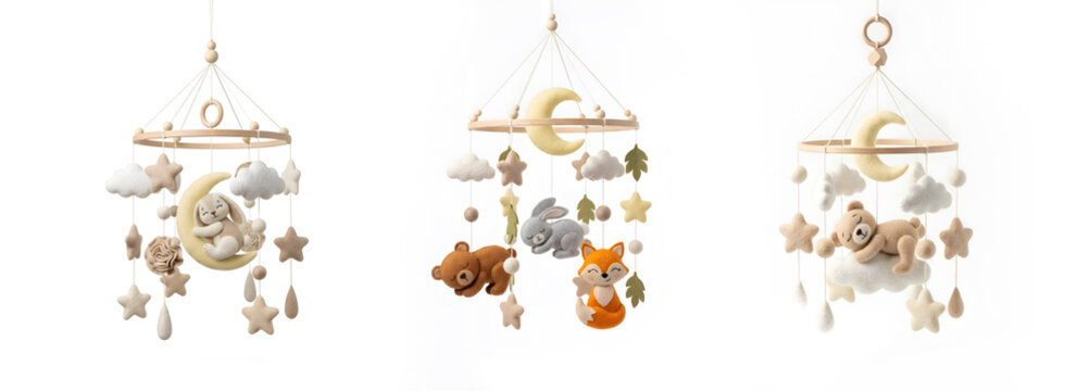 Set of three cute handmade felt baby crib mobiles with sleeping animals, stars, and moons hanging against a white background for nursery decor.
