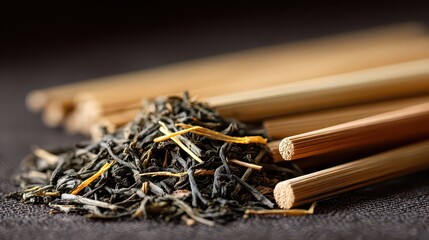 Pile of Black Tea Leaves with Orange Zest and Wooden Sticks Against a Dark Gray Background