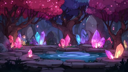 Pixelated Crystal Garden with Glowing Trees and Reflective Pond in a Fantasy Forest Under Dim Purple Lighting and Stone Formations