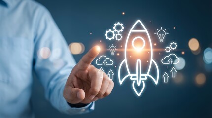 A businessman's finger points to a glowing rocket icon with upward arrows and gears surrounding it symbolizing startup growth and innovation technology success launching idea inspiration