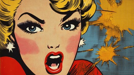 Comic-style woman with surprised expression speaks with speech bubble over textured teal background. Generative by AI