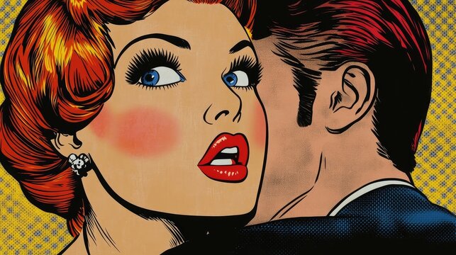 Comic-style woman with surprised expression speaks with speech bubble over textured teal background. Generative by AI