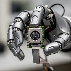 Robotic arm carefully holding a camera module, envisioning future technology
