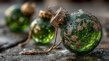 Festive green Christmas ornaments with gold accents on a textured surface.