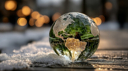 Transparent globe featuring continents, placed on snow-covered surface, blurred warm background.