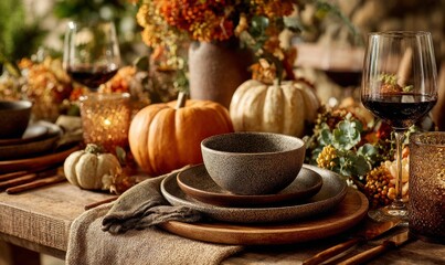Autumn Thanksgiving Table Setting with Decorative Elements and Warm Colors
