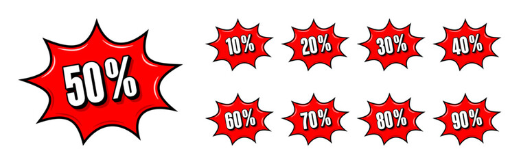 Red discount percentage badge set. White text on red comic burst balloon badge. Vector illustration.