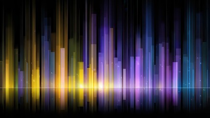 Abstract Dark Background with Yellow Purple and Blue Luminous Bars of Varying Height and Reflection on the Bottom