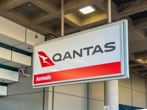 Brisben, Australia - August 23, 2025: Qantas Airways hanging sign is seen in Brisbane Airport,  Brisbane, Australia. Qantas Airways is the flag carrier of Australia.