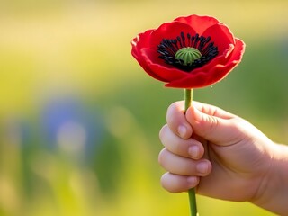 A child's hand holds a delicate poppy flower against a vibrant meadow
