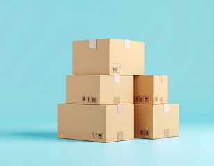 Fototapeta premium Stack of cardboard boxes on blue background. Delivery, shipping, and logistics concept mockup.
