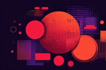Abstract Geometric Composition with Pixelated Red and Orange Circles on Dark Purple Background