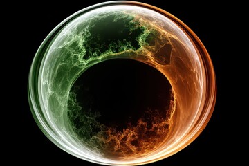 Abstract Glowing Particles Swirling with Orange and Green Colors on Black Background