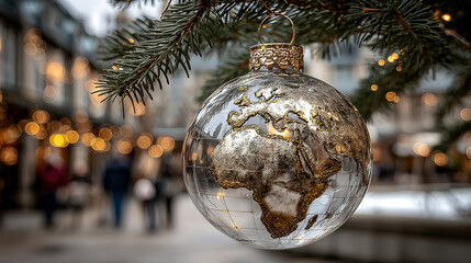 Transparent Christmas ornament featuring a gold-embellished globe of Earth.