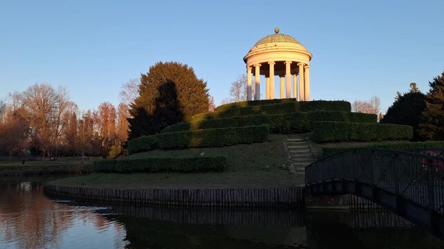 Vicenza, Veneto, Italy - 12 29 2025: Temple in Parco Querini Vicenza, Italy at Sunset Sunny Day Static Shot