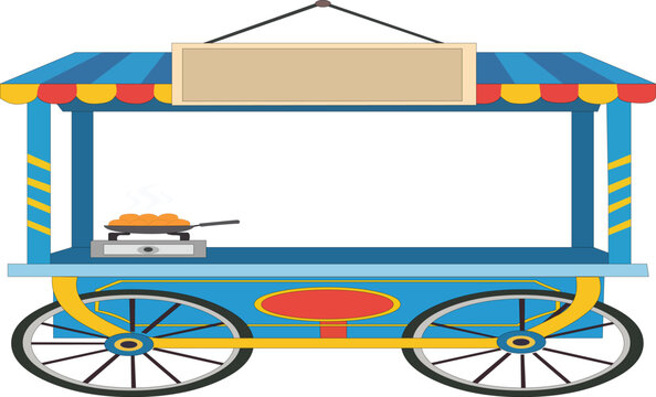 Traditional colorful South Asian street food stall or thela with a frying pan and steam