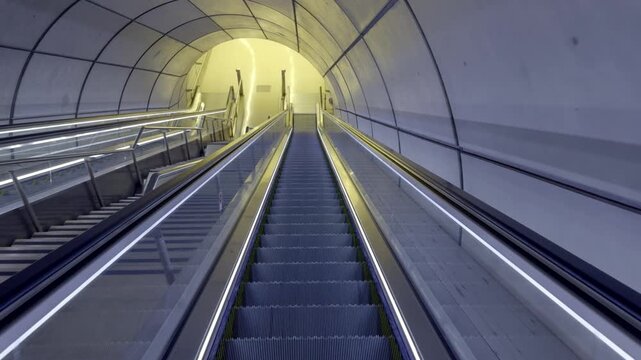 Modern subway escalators going down in a futuristic concrete tunnel. POV on moving stairs in an empty underground metro station