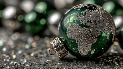 Decorative globe ornament with a world map, surrounded by beads and glitter.