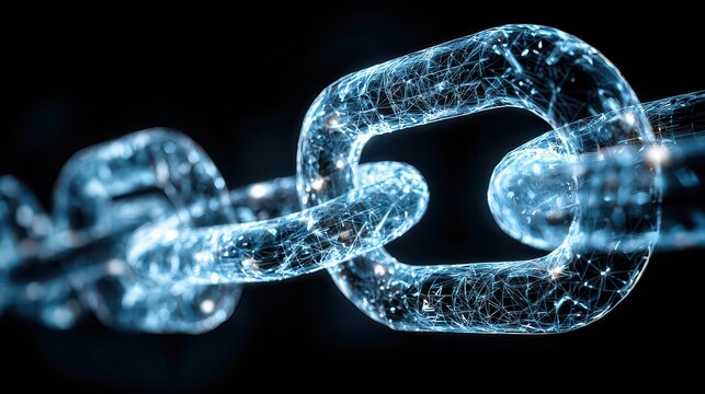 Digital Blockchain Network Conceptual Design on Black Background Illustrating Interconnected Data Blocks Using Blue Light Particles for Modern Technology - Powered by Adobe