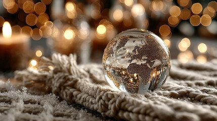 Glass globe with a world map on a decorative textured surface with warm background.