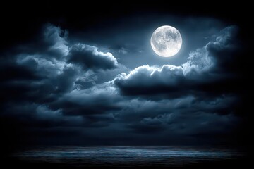 Obraz premium Full Moon Illuminated with Dramatic Cloudscape Over Reflective Water Surface in Atmospheric Night Scene