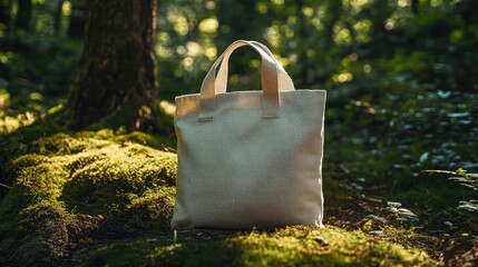 A tan bag is sitting on a mossy patch of ground