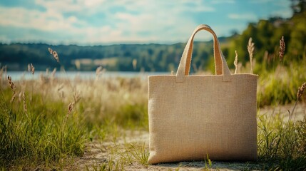 A tan purse is laying on the ground in a grassy field