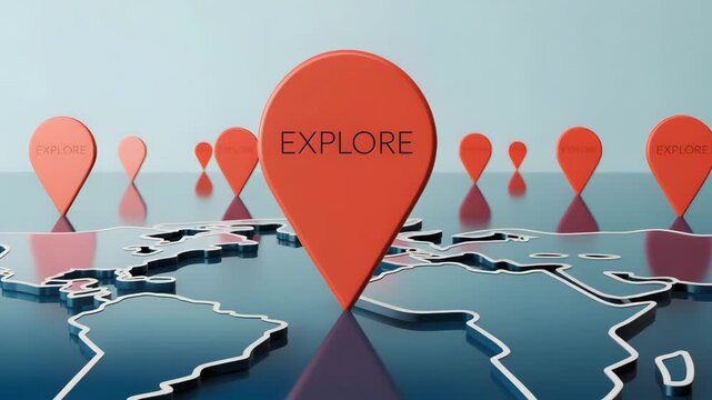 Giant orange map pins labeled "explore" mark significant locations across a stylized world map.