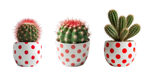 Beautiful cactus in a polka dot pot isolated on transparent background