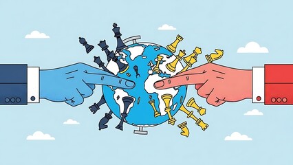 Business handshake over globe with flags and blue sky background coming of age day