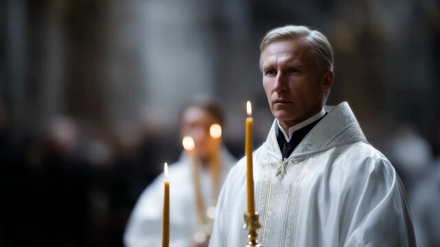 majestic church scene with a priest in ornate white robes performing a ritual, holding symbolic golden candleholders with multiple burning candles, soft glowing illumination acro