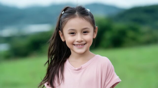 A bright outdoor portrait of a young Asian girl, approximately 6-8 years old, standing in an open green field during daytime. She is fully visible from the chest up, with enough