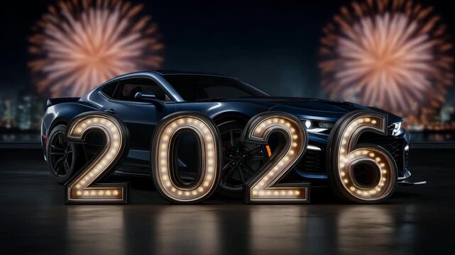 New Year automotive scene featuring glowing marquee numbers ""2026"" on a reflective glossy floor, with a realistic car tire replacing the zero; dramatic blue lighting, ele