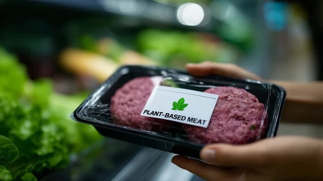 Woman holding package of plant based meat alternative in grocery store close up