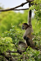 ロープに掴まり前方を見つめる横向きのクモザル