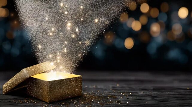 magical holiday scene featuring a small golden gift box placed on a dark textured surface&nbsp;