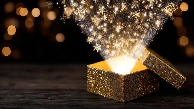 magical holiday scene featuring a small golden gift box placed on a dark textured surface